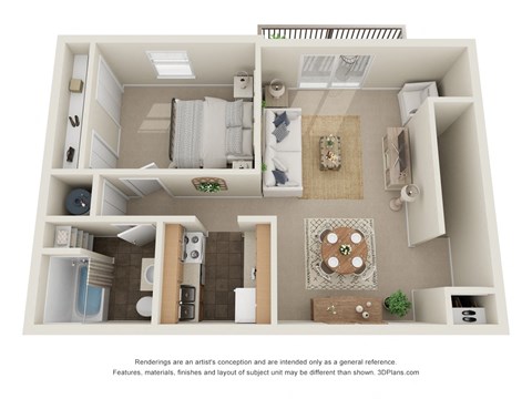 Floor plan for 1 bed, 1 bath, 665 sqft